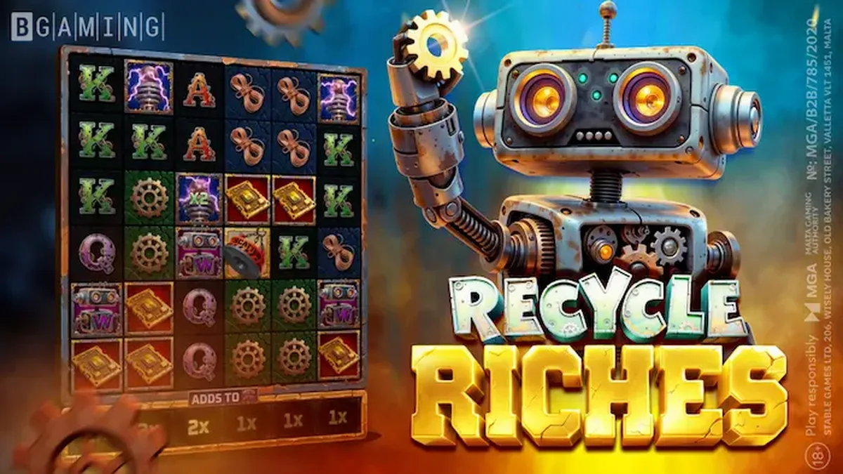 Robot lucu di tempat barang rongsokan futuristik dengan simbol daur ulang di slot The Recycle Riches