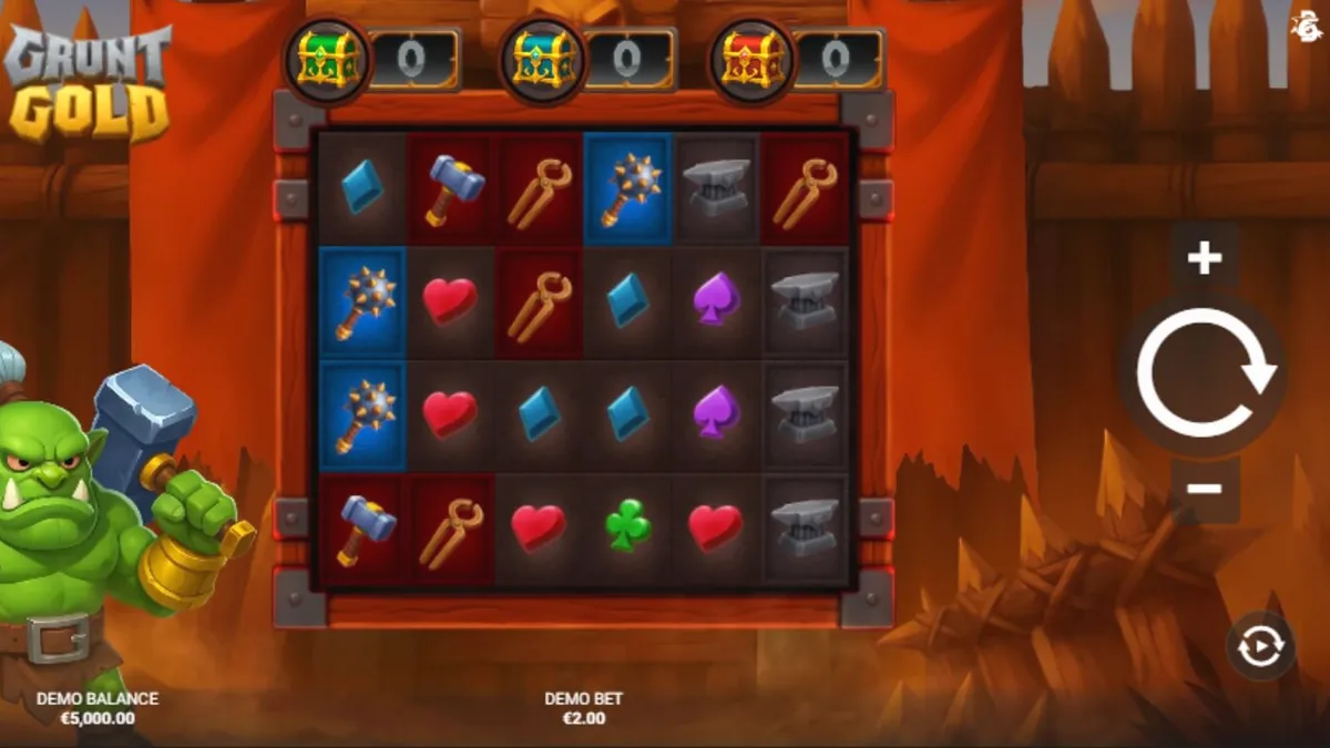 Tampilan visual slot Grunt Gold dengan tema orc dan harta karun